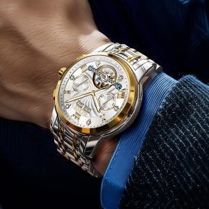 OLEVS Herrenuhren Automatik Mechanische Armbanduhr mit Tourbillon Kalender Wasserdicht Leuchtende Uhren Männer 7088 Gold/Silber/Weiß