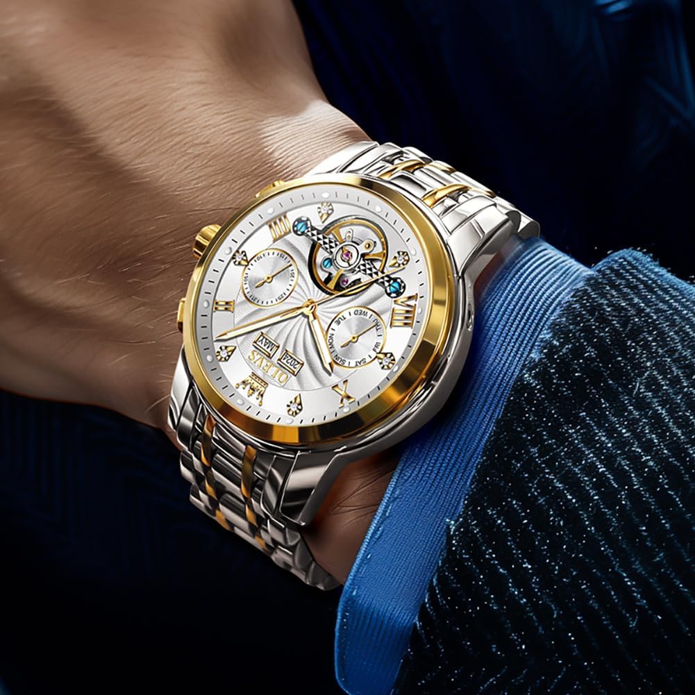 OLEVS Herrenuhren Automatik Mechanische Armbanduhr mit Tourbillon Kalender Wasserdicht Leuchtende Uhren Männer 7088 Gold/Silber/Weiß