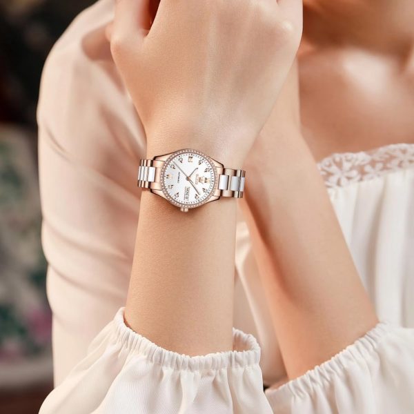 OLEVS Damen Automatikuhr Diamant Lünette modisch wasserdicht Kalender zweifarbig, Edelstahl Keramik Armband 6637: Silber, Gold/Weiß