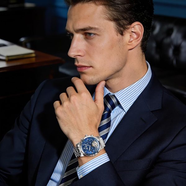 OLEVS Herrenuhren Automatik Mechanische Armbanduhr mit Tourbillon Kalender Wasserdicht Leuchtende Uhren Männer 7088 Silber/Blau