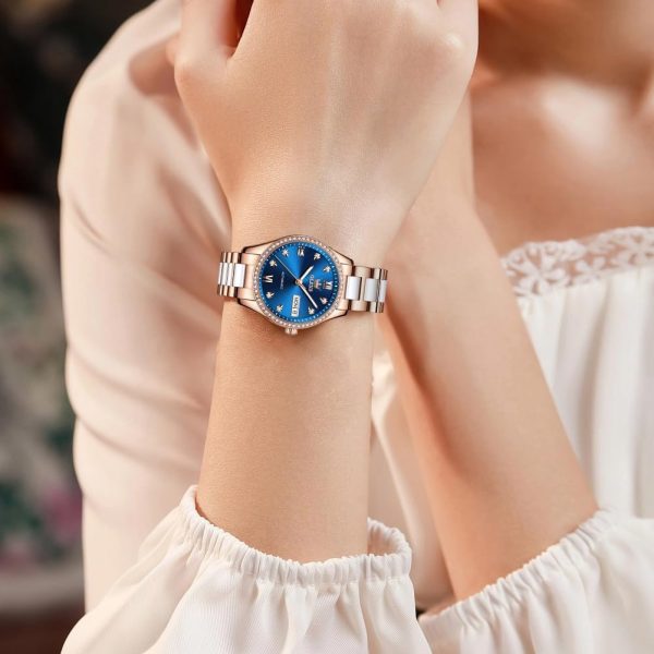OLEVS Damen Automatikuhr Diamant Lünette modisch wasserdicht Kalender zweifarbig, Edelstahl Keramik Armband 6637: Silber Gold/Blau