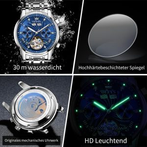 OLEVS Herrenuhren Automatik Mechanische Armbanduhr mit Tourbillon Kalender Wasserdicht Leuchtende Uhren Männer 7088 Silber/Blau