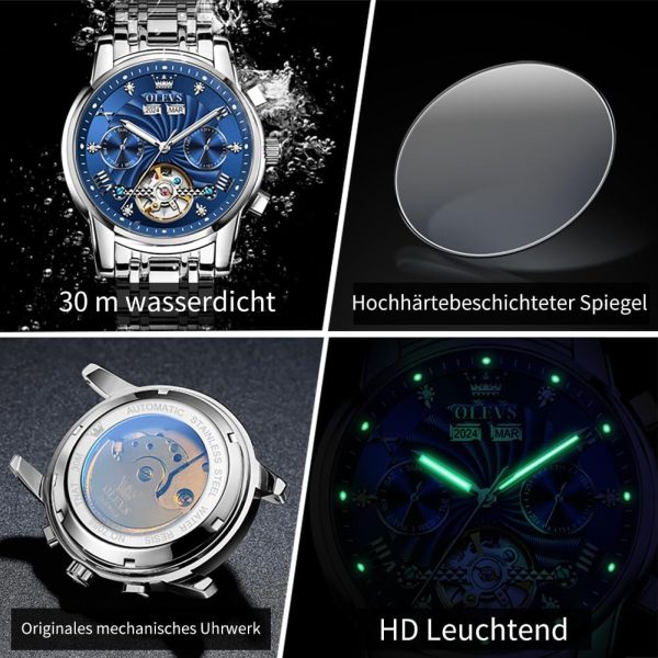 OLEVS Herrenuhren Automatik Mechanische Armbanduhr mit Tourbillon Kalender Wasserdicht Leuchtende Uhren Männer 7088 Silber/Blau