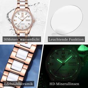 OLEVS Damen Automatikuhr Diamant Lünette modisch wasserdicht Kalender zweifarbig, Edelstahl Keramik Armband 6637: Silber, Gold/Weiß
