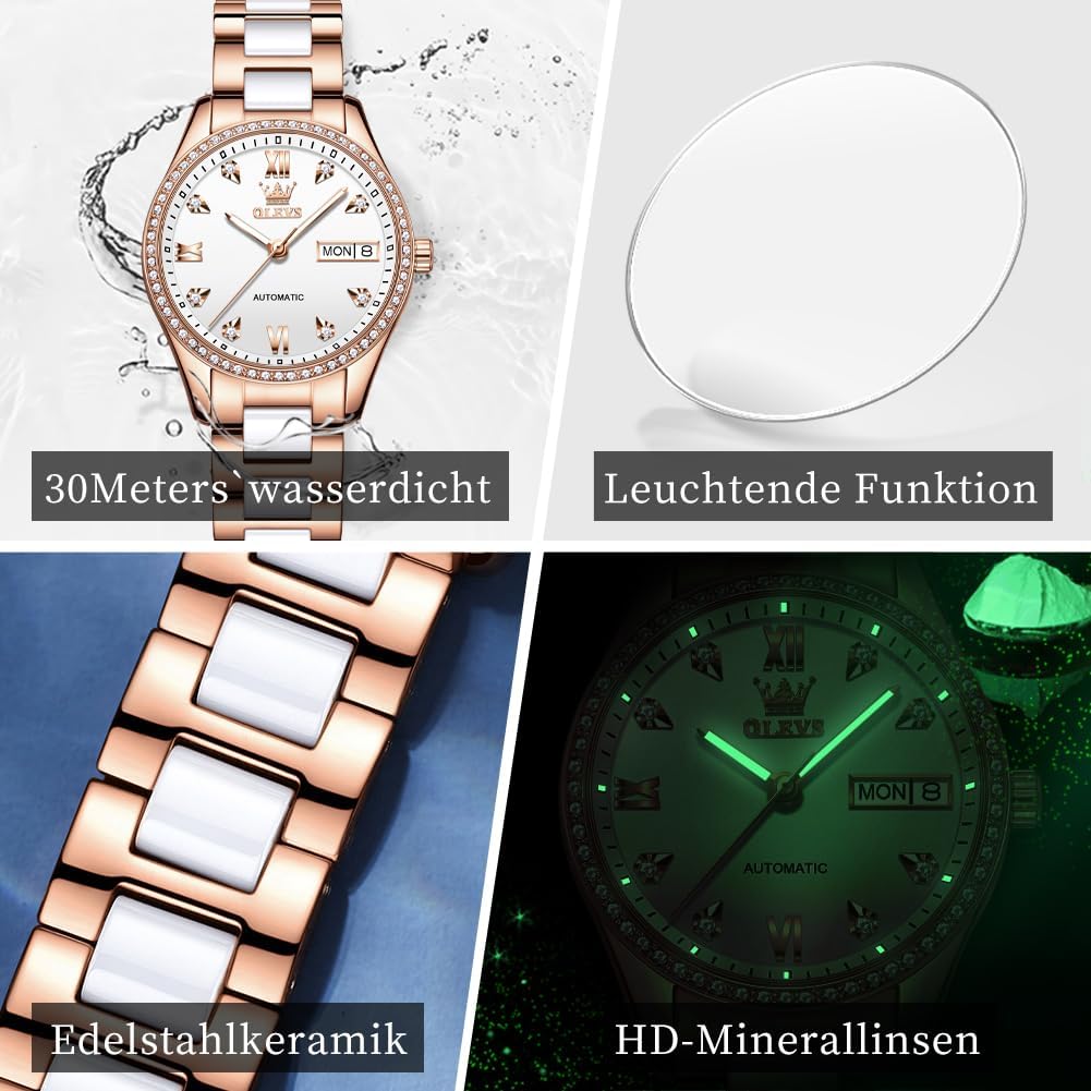 OLEVS Damen Automatikuhr Diamant Lünette modisch wasserdicht Kalender zweifarbig, Edelstahl Keramik Armband 6637: Silber, Gold/Weiß