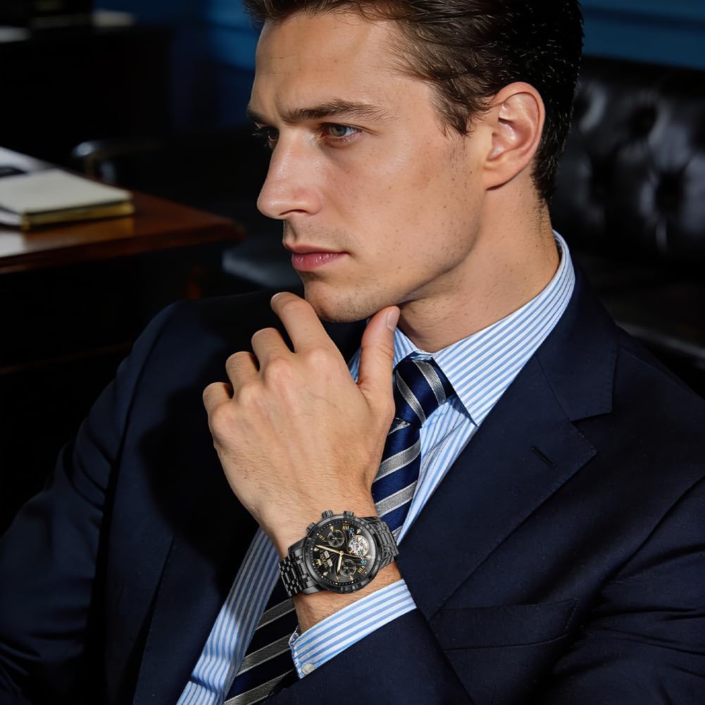 OLEVS Herrenuhren Automatik Mechanische Armbanduhr mit Tourbillon Kalender Wasserdicht Leuchtende Uhren Männer 7088 Alle Schwarz