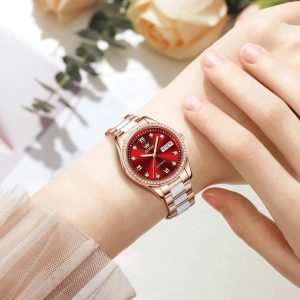 OLEVS Damen Automatikuhr Diamant Lünette modisch wasserdicht Kalender zweifarbig, Edelstahl Keramik Armband 6637: Silber Gold/Rot
