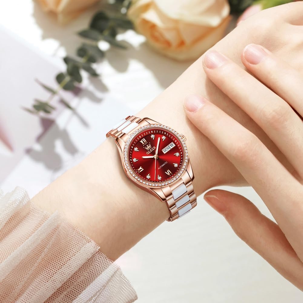 OLEVS Damen Automatikuhr Diamant Lünette modisch wasserdicht Kalender zweifarbig, Edelstahl Keramik Armband 6637: Silber Gold/Rot
