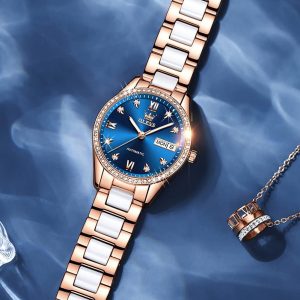 OLEVS Damen Automatikuhr Diamant Lünette modisch wasserdicht Kalender zweifarbig, Edelstahl Keramik Armband 6637: Silber Gold/Blau