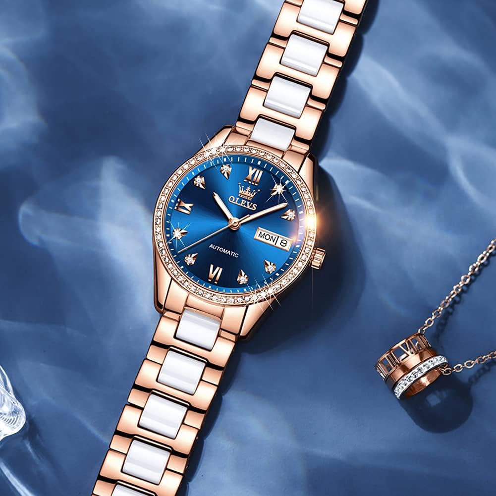 OLEVS Damen Automatikuhr Diamant Lünette modisch wasserdicht Kalender zweifarbig, Edelstahl Keramik Armband 6637: Silber Gold/Blau