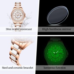 OLEVS Damen-Armbanduhr, goldfarben, Diamanten, Wolframstahl, luxuriös, klassisch, wasserdicht, Datumsanzeige, Geschenk 3685: Roségold
