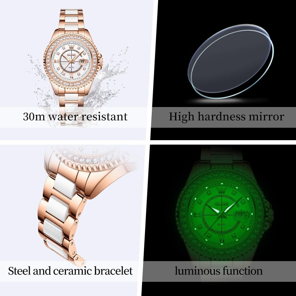 OLEVS Damen-Armbanduhr, goldfarben, Diamanten, Wolframstahl, luxuriös, klassisch, wasserdicht, Datumsanzeige, Geschenk 3685: Roségold