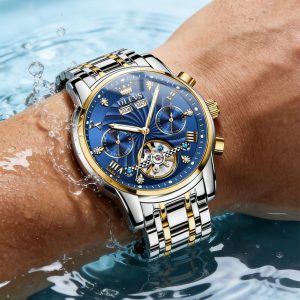 OLEVS Herrenuhren Automatik Mechanische Armbanduhr mit Tourbillon Kalender Wasserdicht Leuchtende Uhren Männer 7088 Gold/Silber/Blau