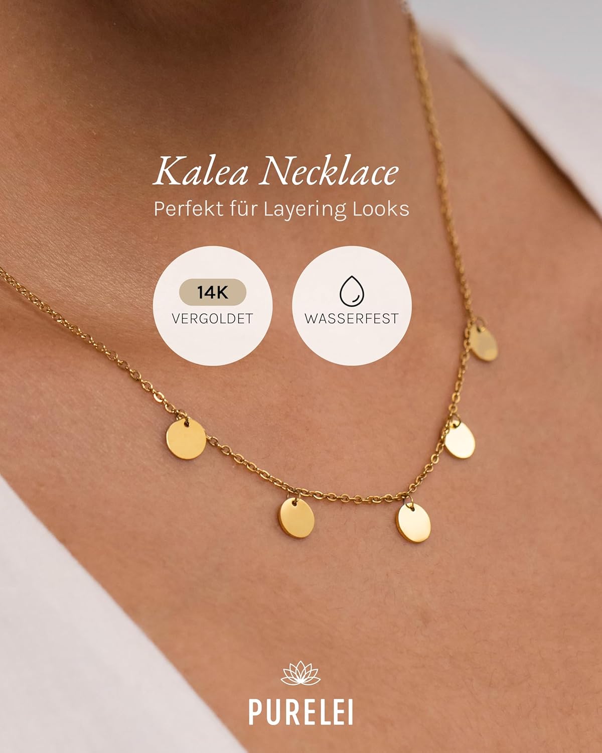 Purelei Kalea Kette Damen – Halskette Damen aus langlebigem Edelstahl – Wasserfeste Kette mit Anhänger – 40-45 cm Länge verstellbar – Halskette für deinen individuellen Look Gold