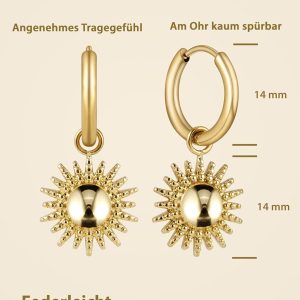BONNYBIRD® Wasserfeste Edelstahl Ohrringe Sonne Damen in Silber, Gold & Roségold - 100% Wasserfeste & Hautverträgliche Creolen "BonnySun" (14 mm) BonnySun Gold