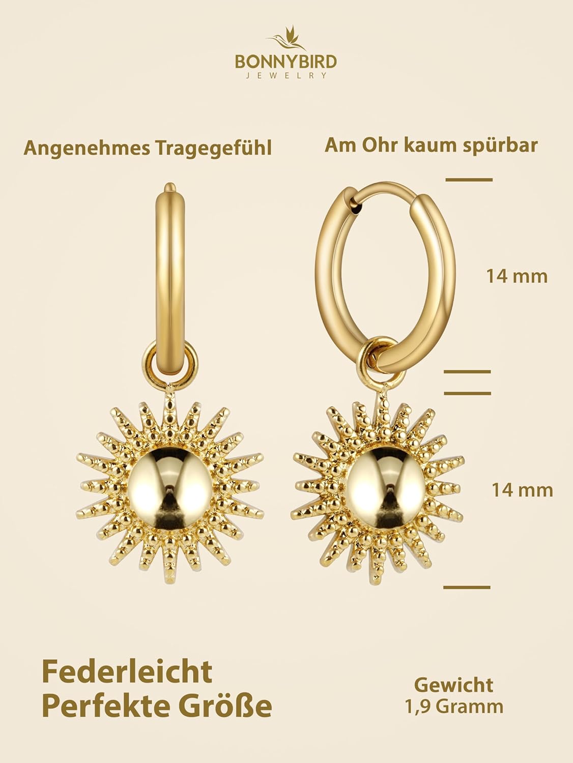 BONNYBIRD® Wasserfeste Edelstahl Ohrringe Sonne Damen in Silber, Gold & Roségold - 100% Wasserfeste & Hautverträgliche Creolen "BonnySun" (14 mm) BonnySun Gold