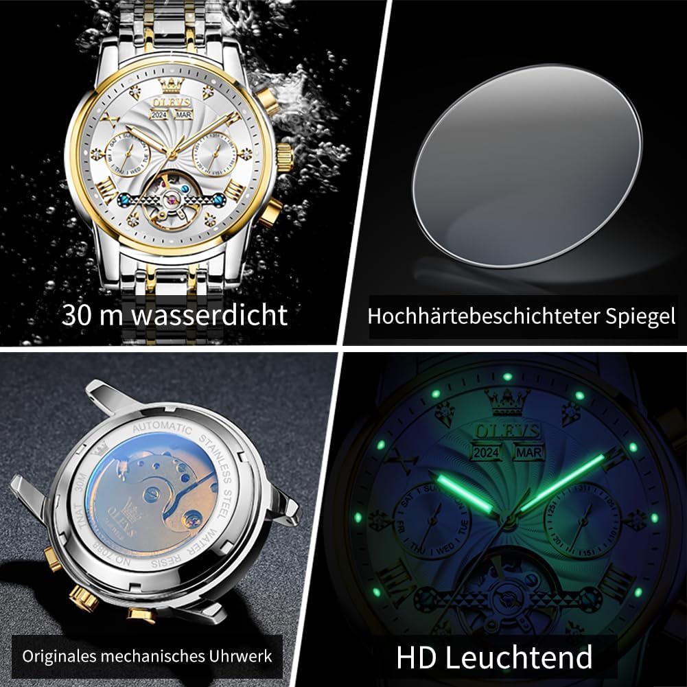 OLEVS Herrenuhren Automatik Mechanische Armbanduhr mit Tourbillon Kalender Wasserdicht Leuchtende Uhren Männer 7088 Gold/Silber/Weiß