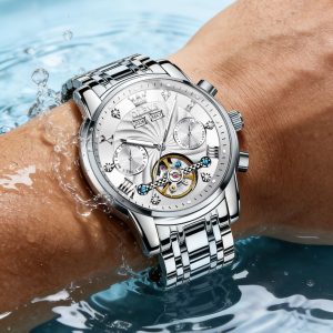 OLEVS Herrenuhren Automatik Mechanische Armbanduhr mit Tourbillon Kalender Wasserdicht Leuchtende Uhren Männer 7088 Alle Silber