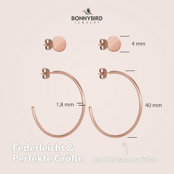 BONNYBIRD® Wasserfeste Große Edelstahl Creolen + Plättchen Ohrstecker Damen in Silber, Gold & Roségold, 100% Wasserfest, Leicht & Sehr Hautverträglich BonnyGrace BonnyBalance Roségold