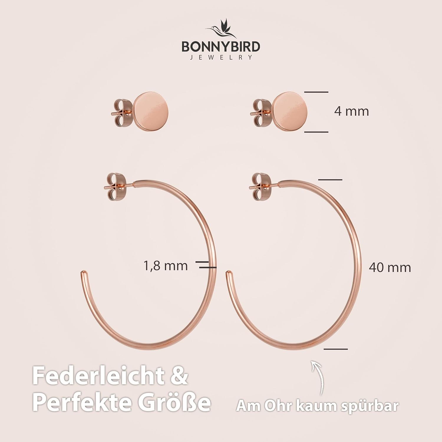 BONNYBIRD® Wasserfeste Große Edelstahl Creolen + Plättchen Ohrstecker Damen in Silber, Gold & Roségold, 100% Wasserfest, Leicht & Sehr Hautverträglich BonnyGrace BonnyBalance Roségold