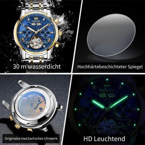 OLEVS Herrenuhren Automatik Mechanische Armbanduhr mit Tourbillon Kalender Wasserdicht Leuchtende Uhren Männer 7088 Gold/Silber/Blau