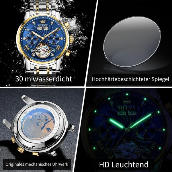 OLEVS Herrenuhren Automatik Mechanische Armbanduhr mit Tourbillon Kalender Wasserdicht Leuchtende Uhren Männer 7088 Gold/Silber/Blau