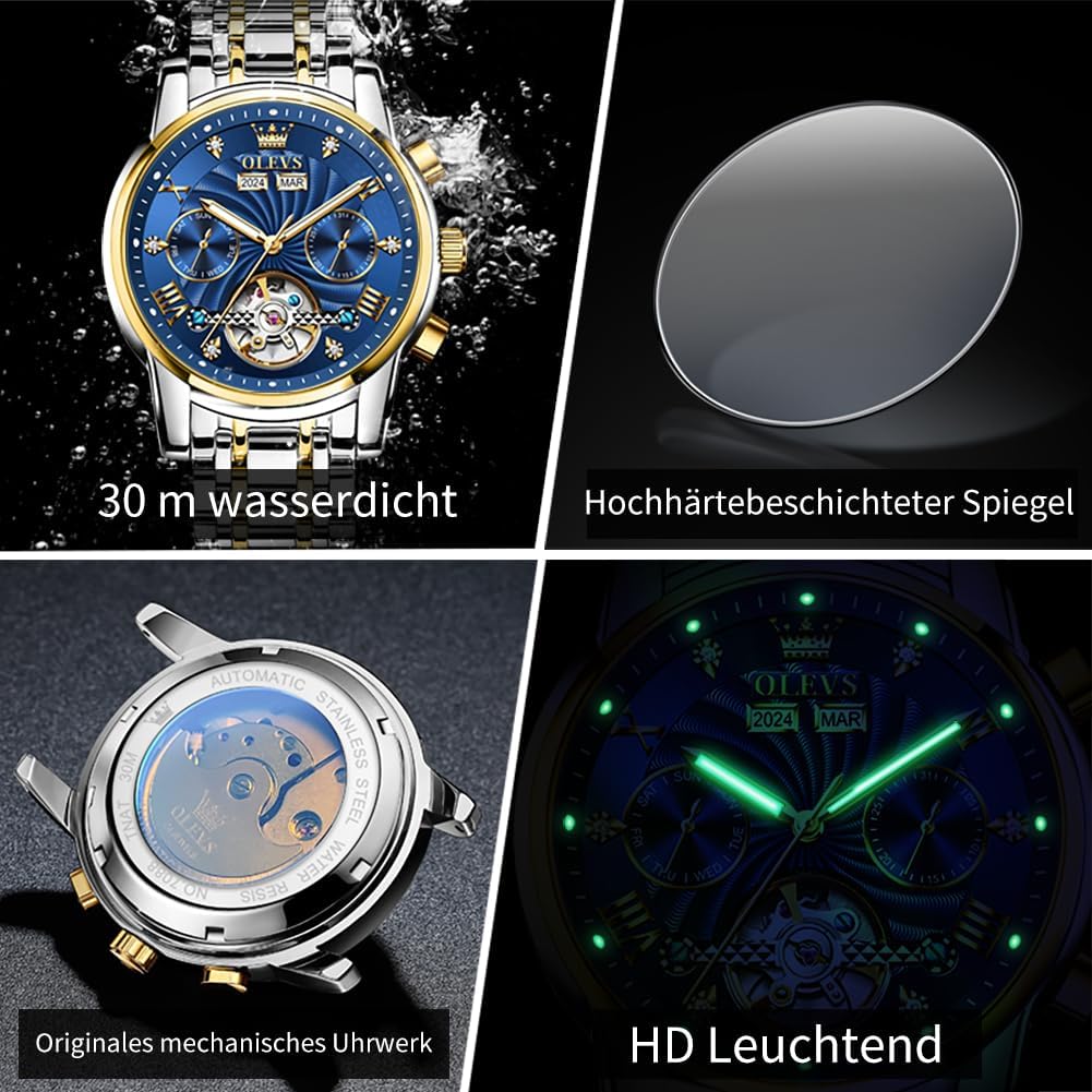 OLEVS Herrenuhren Automatik Mechanische Armbanduhr mit Tourbillon Kalender Wasserdicht Leuchtende Uhren Männer 7088 Gold/Silber/Blau