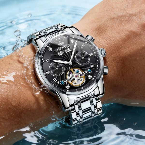 OLEVS Herrenuhren Automatik Mechanische Armbanduhr mit Tourbillon Kalender Wasserdicht Leuchtende Uhren Männer 7088 Silber/Schwarz