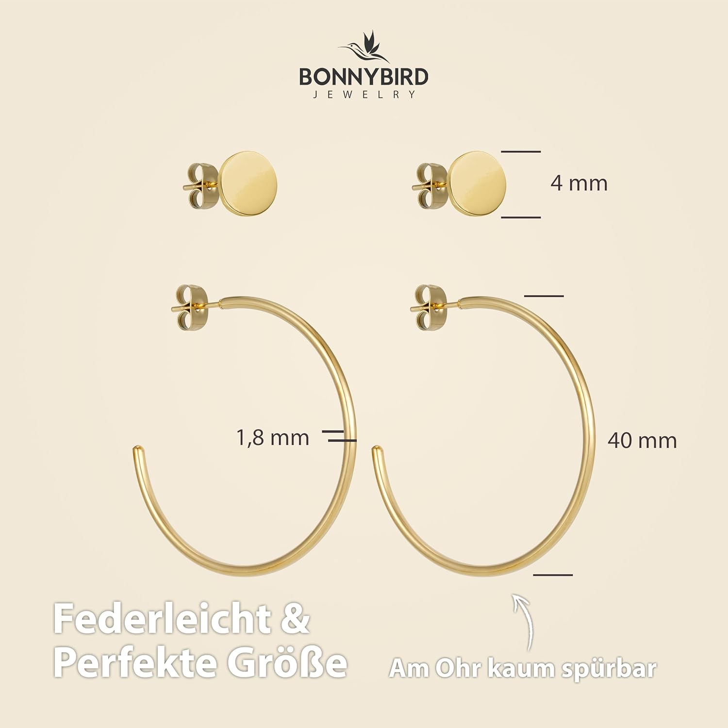 BONNYBIRD® Wasserfeste Große Edelstahl Creolen + Plättchen Ohrstecker Damen in Silber, Gold & Roségold, 100% Wasserfest, Leicht & Sehr Hautverträglich BonnyGrace BonnyGrace Gold