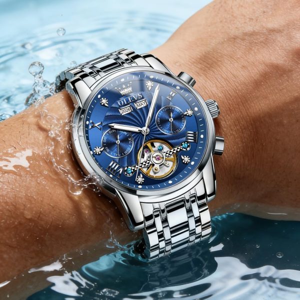 OLEVS Herrenuhren Automatik Mechanische Armbanduhr mit Tourbillon Kalender Wasserdicht Leuchtende Uhren Männer 7088 Silber/Blau