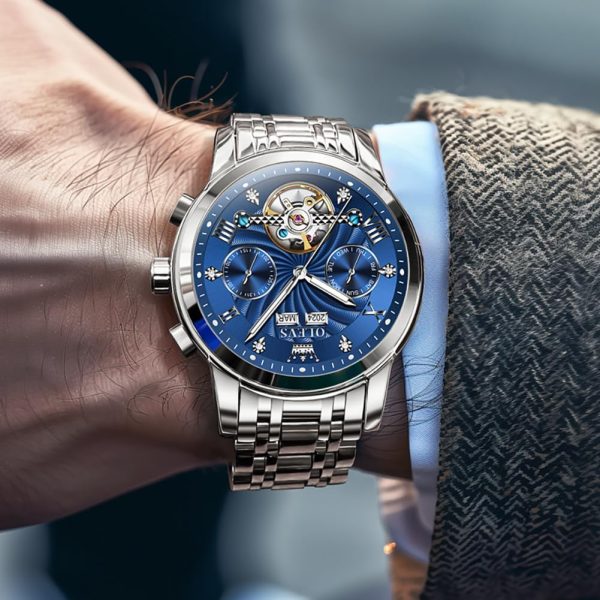 OLEVS Herrenuhren Automatik Mechanische Armbanduhr mit Tourbillon Kalender Wasserdicht Leuchtende Uhren Männer 7088 Silber/Blau
