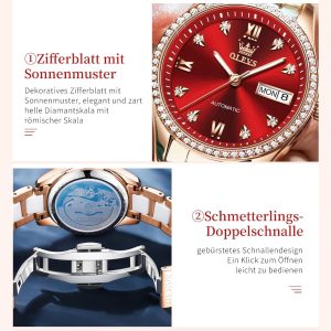 OLEVS Damen Automatikuhr Diamant Lünette modisch wasserdicht Kalender zweifarbig, Edelstahl Keramik Armband 6637: Silber Gold/Rot