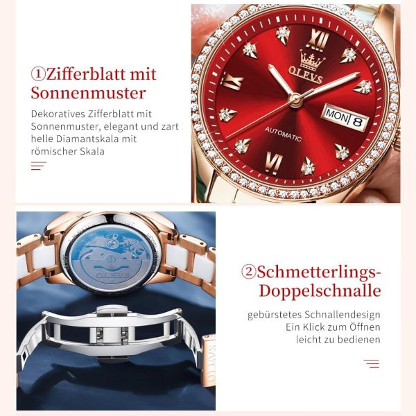 OLEVS Damen Automatikuhr Diamant Lünette modisch wasserdicht Kalender zweifarbig, Edelstahl Keramik Armband 6637: Silber Gold/Rot
