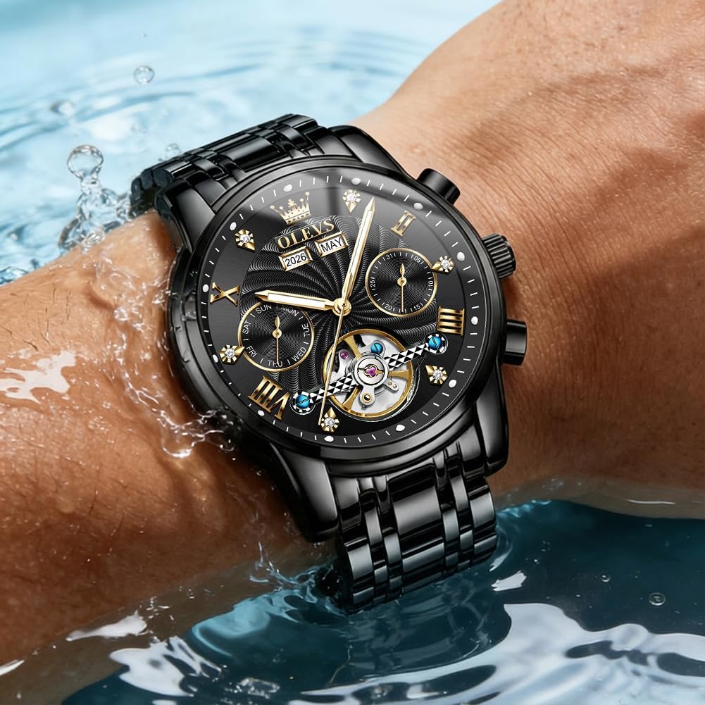 OLEVS Herrenuhren Automatik Mechanische Armbanduhr mit Tourbillon Kalender Wasserdicht Leuchtende Uhren Männer 7088 Alle Schwarz