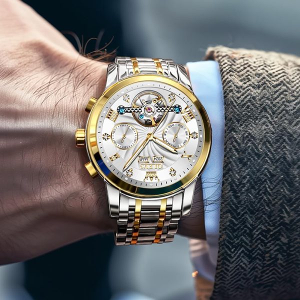 OLEVS Herrenuhren Automatik Mechanische Armbanduhr mit Tourbillon Kalender Wasserdicht Leuchtende Uhren Männer 7088 Gold/Silber/Weiß