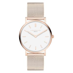 LIEBESKIND BERLIN Damenuhr – Runde Quarzuhr 34 mm – Mesharmband – 5 ATM wasserdicht – Elegant – In verschiedenen Farben erhältlich Roségold, Weiß
