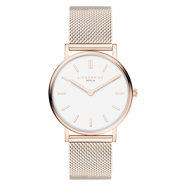 LIEBESKIND BERLIN Damenuhr – Runde Quarzuhr 34 mm – Mesharmband – 5 ATM wasserdicht – Elegant – In verschiedenen Farben erhältlich Roségold, Weiß