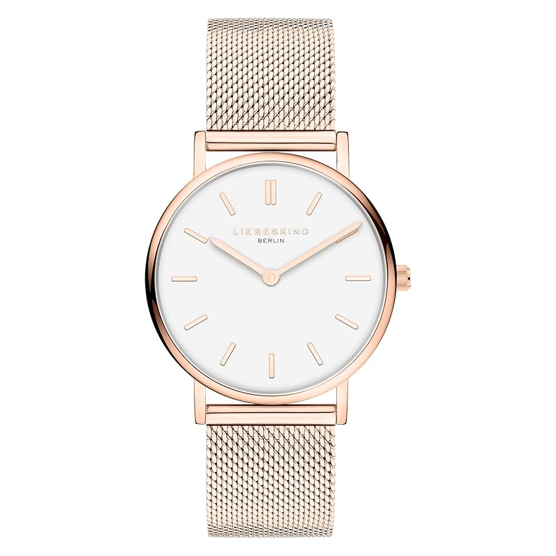 LIEBESKIND BERLIN Damenuhr – Runde Quarzuhr 34 mm – Mesharmband – 5 ATM wasserdicht – Elegant – In verschiedenen Farben erhältlich Roségold, Weiß
