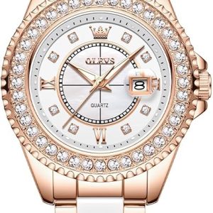 OLEVS Damen-Armbanduhr, goldfarben, Diamanten, Wolframstahl, luxuriös, klassisch, wasserdicht, Datumsanzeige, Geschenk 3685: Roségold