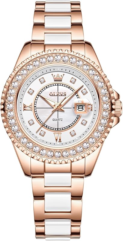 OLEVS Damen-Armbanduhr, goldfarben, Diamanten, Wolframstahl, luxuriös, klassisch, wasserdicht, Datumsanzeige, Geschenk 3685: Roségold