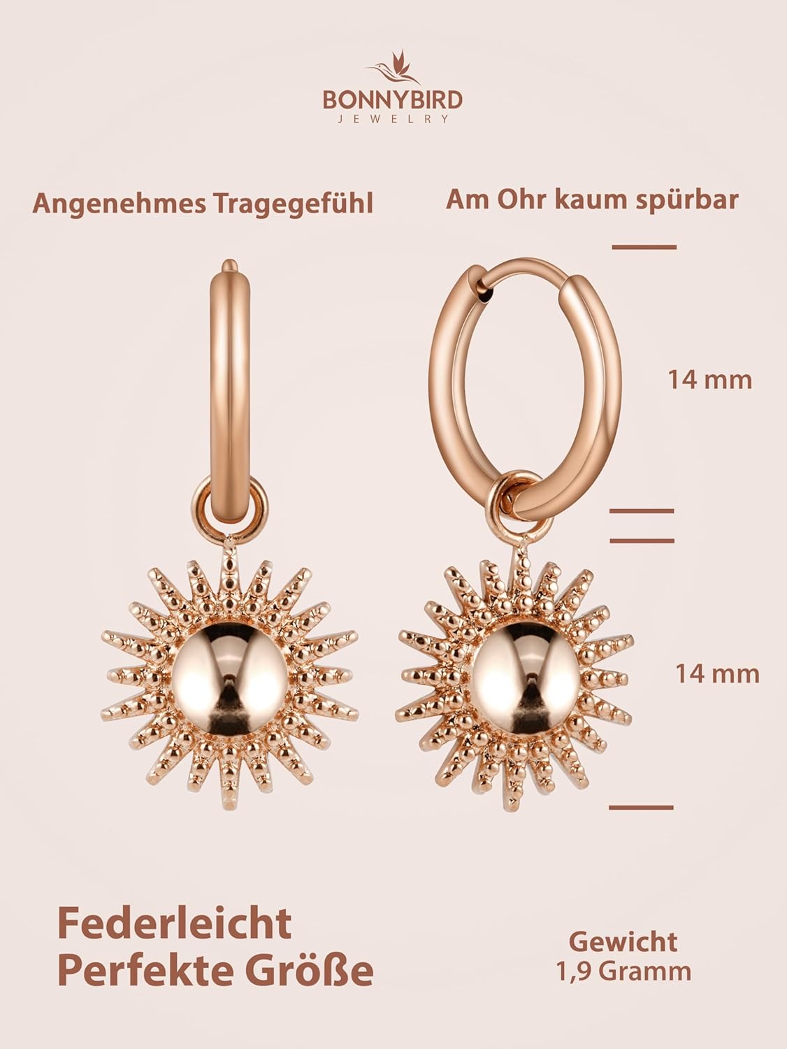 BONNYBIRD® Wasserfeste Edelstahl Ohrringe Sonne Damen in Silber, Gold & Roségold - 100% Wasserfeste & Hautverträgliche Creolen "BonnySun" (14 mm) BonnySun Roségold