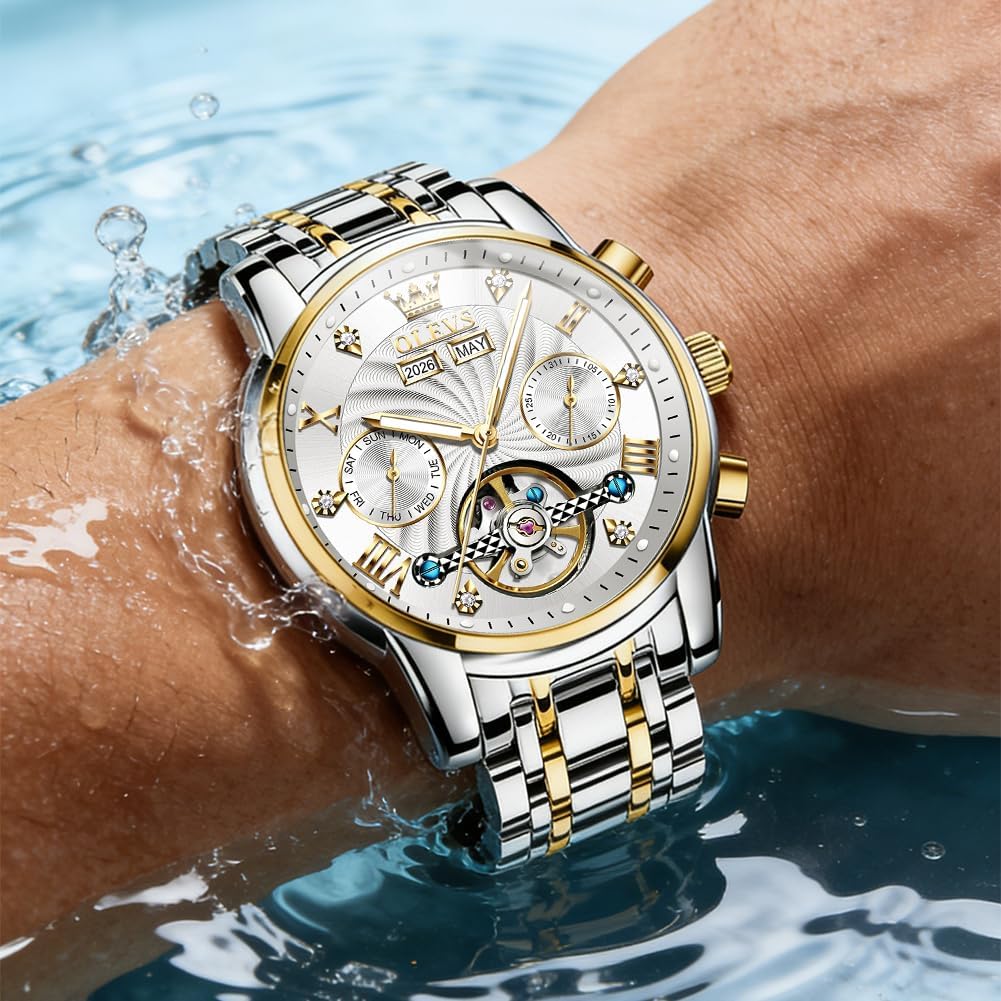 OLEVS Herrenuhren Automatik Mechanische Armbanduhr mit Tourbillon Kalender Wasserdicht Leuchtende Uhren Männer 7088 Gold/Silber/Weiß