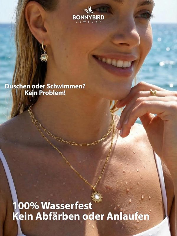 BONNYBIRD® Wasserfeste Edelstahl Ohrringe Sonne Damen in Silber, Gold & Roségold - 100% Wasserfeste & Hautverträgliche Creolen "BonnySun" (14 mm) BonnySun Gold