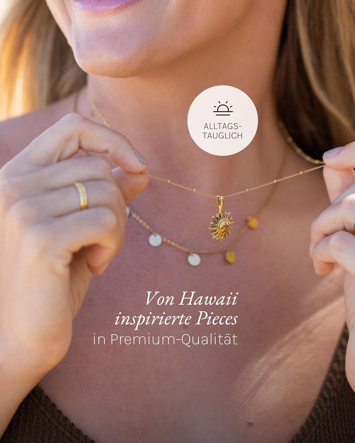 Purelei Sun Kette Damen – Halskette Damen aus langlebigem Edelstahl – Wasserfeste Kette mit Anhänger – 50-55 cm Länge verstellbar – Halskette für deinen individuellen Look Gold