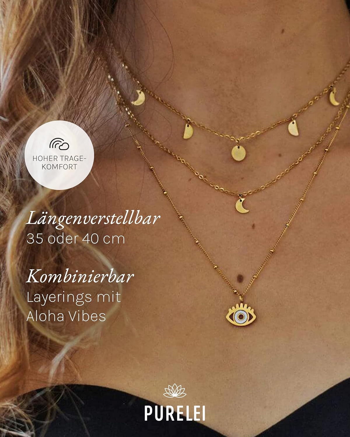 Purelei Luna Kette Damen – Halskette Damen aus langlebigem Edelstahl – Wasserfeste Kette mit Anhänger – 40-45 cm Länge verstellbar – Halskette für deinen individuellen Look Silber