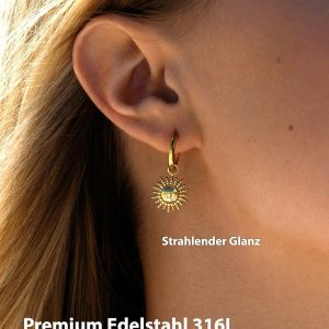 BONNYBIRD® Wasserfeste Edelstahl Ohrringe Sonne Damen in Silber, Gold & Roségold - 100% Wasserfeste & Hautverträgliche Creolen "BonnySun" (14 mm) BonnySun Gold