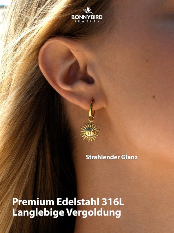 BONNYBIRD® Wasserfeste Edelstahl Ohrringe Sonne Damen in Silber, Gold & Roségold - 100% Wasserfeste & Hautverträgliche Creolen "BonnySun" (14 mm) BonnySun Gold