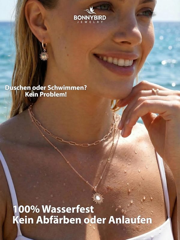 BONNYBIRD® Wasserfeste Edelstahl Ohrringe Sonne Damen in Silber, Gold & Roségold - 100% Wasserfeste & Hautverträgliche Creolen "BonnySun" (14 mm) BonnySun Roségold