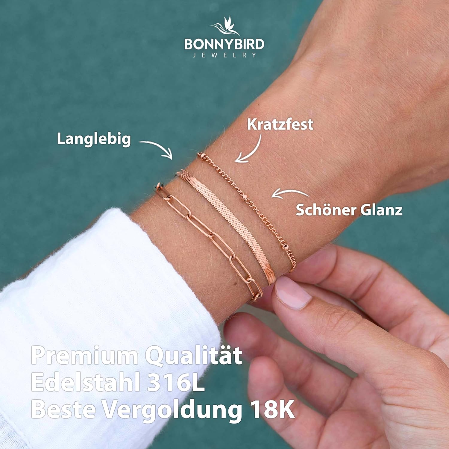 BONNYBIRD® Premium Edelstahl Armband Set Damen in Silber, Gold & Roségold, 100% Wasserfest & Hautverträglich BonnyShine BonnyShine Rosegold