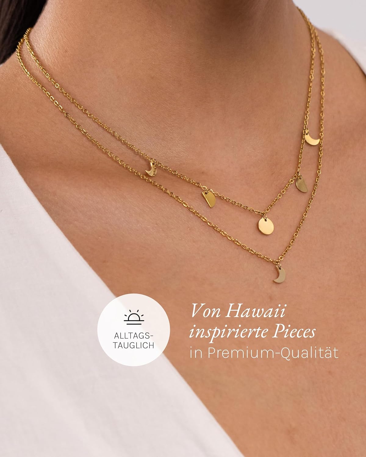 Purelei Luna Kette Damen – Halskette Damen aus langlebigem Edelstahl – Wasserfeste Kette mit Anhänger – 40-45 cm Länge verstellbar – Halskette für deinen individuellen Look Gold